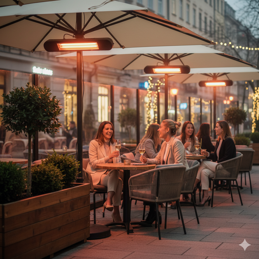 A group of women laughing and enjoying drinks at an outdoor cafe during twilight. They are seated at round wooden tables under large white patio umbrellas equipped with glowing orange infrared heaters. The setting features a cozy, urban atmosphere with soft bokeh background lights and manicured greenery in wooden planters.
